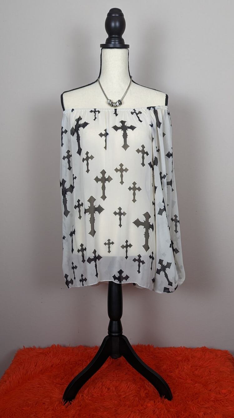 R Rouge Cream & Black Gothic Cross Elastic Neck Long Sleeve Sheer Blouse 2XL